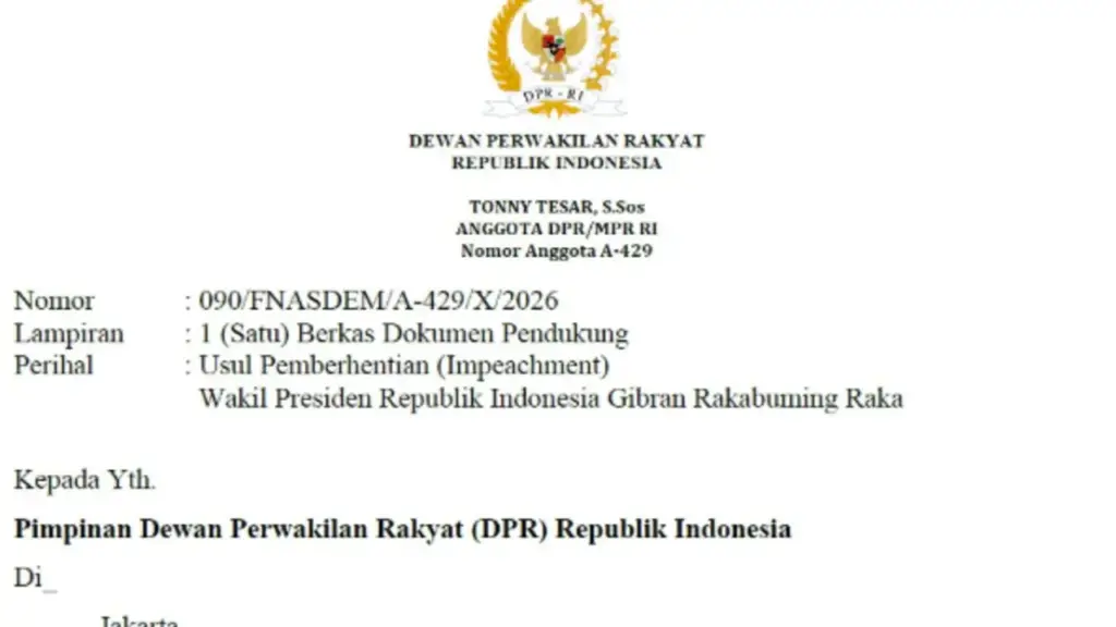 Beredar Surat Usul Impeachment Gibran Rakabuming Raka Ke Pimpinan DPR oleh Tonny Tesar, S.Sos