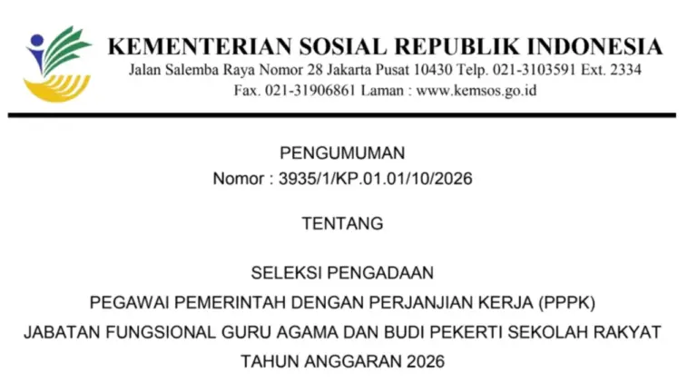 Seleksi PPPK Jabatan Fungsional GURU AGAMA Dan BUDI PEKERTI Sekolah Rakyat 2026